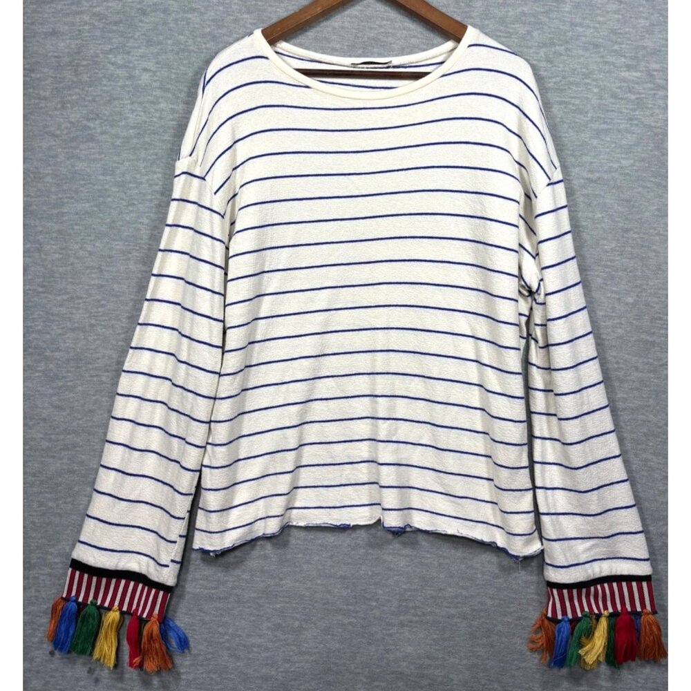 Zara Trafaluc Shirt L Striped Long Sleeve Top‎ Tassels Boho
